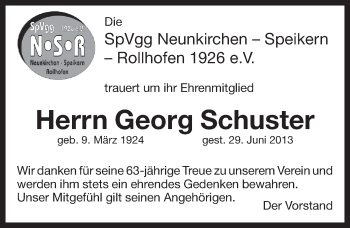 Traueranzeige von Georg Schuster von Pegnitz-Zeitung